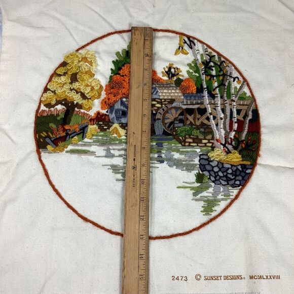 Vintage Mabry Mill Fall Autumn Needlepoint Tapestry Fabric Panel 19" x 20" - Picture 7 of 7